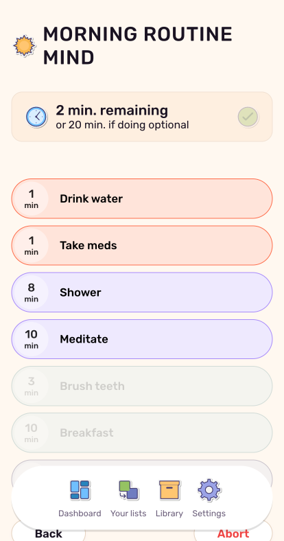 An active routine showing must-do steps on top and could-do steps below