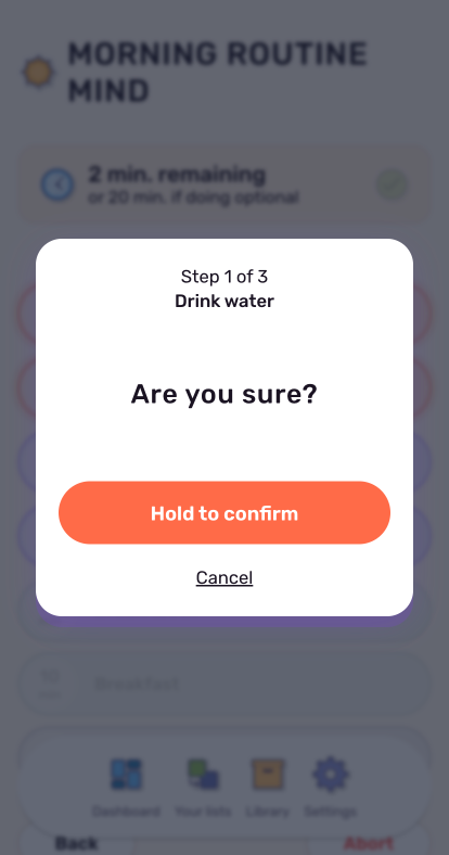 A three-step hold-to-confirm dialog for a critical task